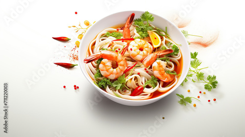 Elegant seafood pasta dish with herbs isolated on white