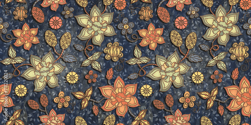 Vintage Floral 3d seamless pattern, Geometric repeated texture with black coloured Marble background, Beautiful Autumn embossed flower and colourful leaves, Ceramic Moroccan tiles design