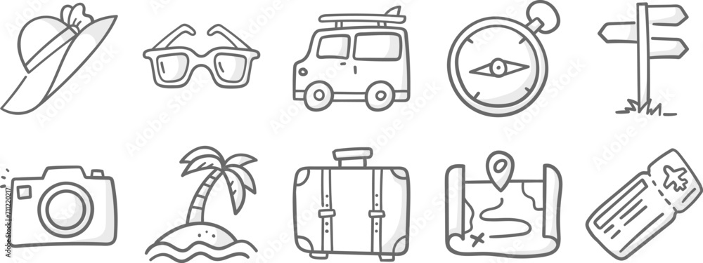 Fototapeta premium Travel vacation doodle icon set. Handdrawn doodle summer vacation. 