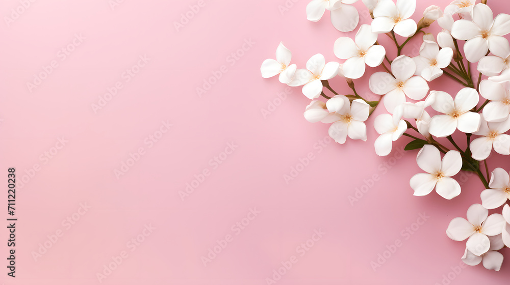 Branches of cherry blossom on pink background for presentation, mockup, copy space, Floral greeting card.