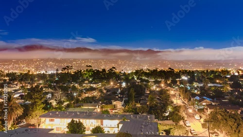 4K, Timelapse, Nightfall, Downtown Santa Barbara, City Lights, Mountain Silhouettes, Urban Landscape, Night Sky