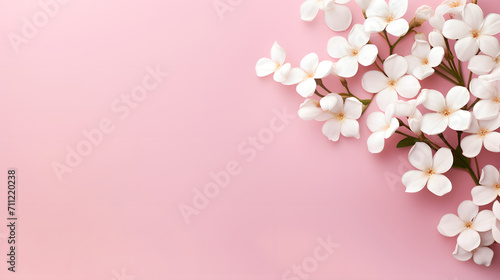 Branches of cherry blossom on pink background for presentation, mockup, copy space, Floral greeting card. © Almultazam