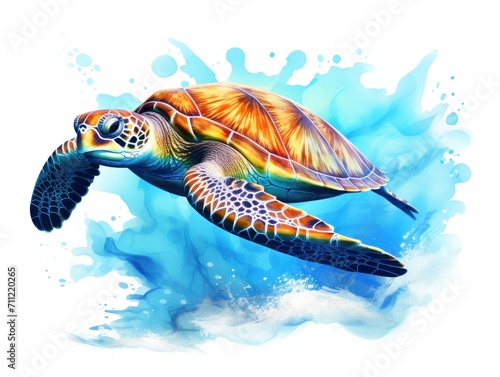 Painting of a Turtle Swimming in the Ocean. Watercolor illustration.
