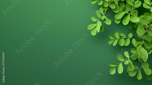Green Moringa oleifera leaves or daun kelor/kelor leaf pattern on green background with copy space., Top view. photo