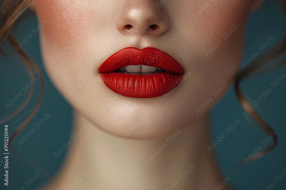 Obraz premium lip, female mouth. Lips with lipstick. Woman's lips close up isolated on sky background.