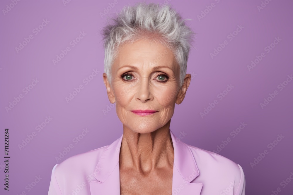 Portrait of beautiful senior woman with short grey hair. Isolated on purple background Portrait of beautiful senior woman with short grey hair. Isolated on purple background