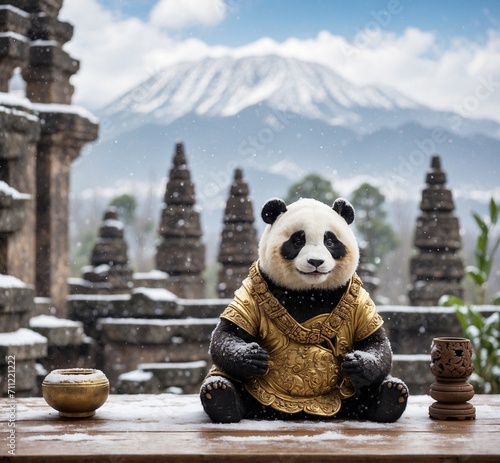 Giant panda sitting on the terrace of balinese temple photo
