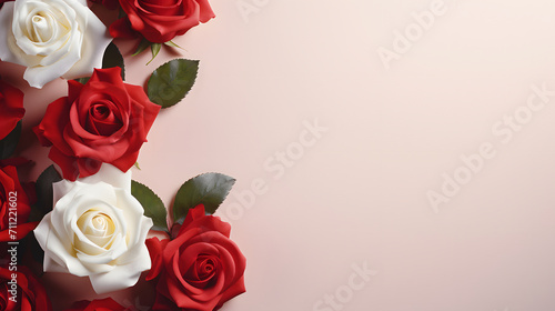 Beautiful red and white roses on pastel pink background, for greeting card, background, wallpaper. horizontal. view from top. copy space concept.