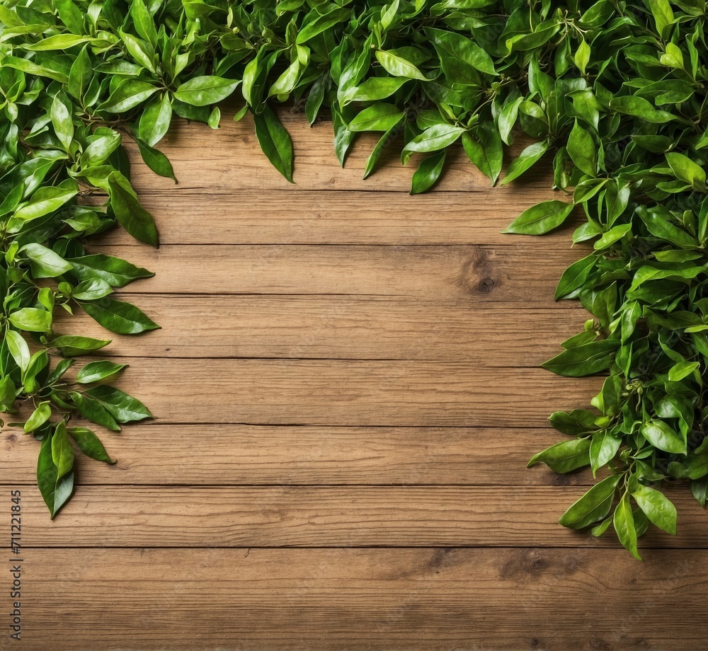 Obraz premium Wooden background with green leaves. Top view with copy space.