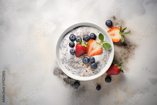 A breakfast bowl of yogurt with chia seeds, fresh strawberries and blueberries, on a white marble benchtop against a clean white background photo