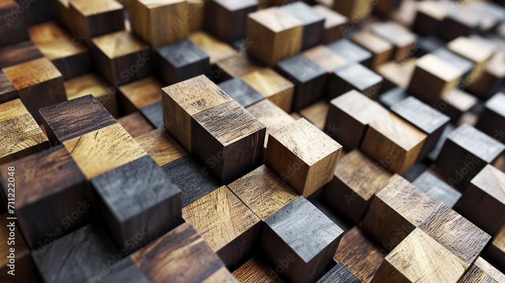 A wall with a 3D wooden cube pattern, alternating between light and dark wood shades for a contrasting effect. A wall with a 3D wooden cube pattern, alternating between light and dark wood shades for a contrasting effect.