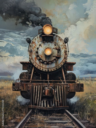 oil painting of An antique train, steam engine