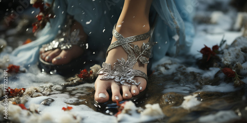 Pied dans une sandale en dentelle au milieu d'un décors hivernal photo
