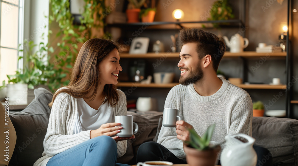 Couple sitting and drinking coffee in the living room Couple sitting and drinking coffee in the living room