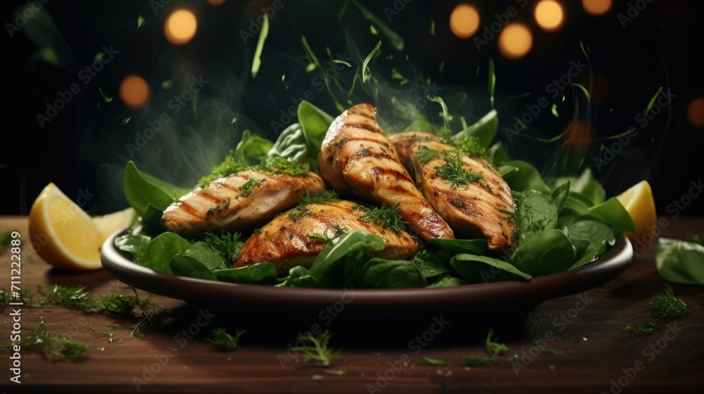 Tender strips of grilled chicken are layered upon the spinach leaves, bringing a savory and proteinpacked component to the dish. - obrazy, fototapety, plakaty 