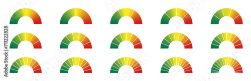 Energy efficiency score rating gauge. Red, yellow and green chart sections indicating credit risk or greed and fear level. Semi circle scale of speed or temperature.