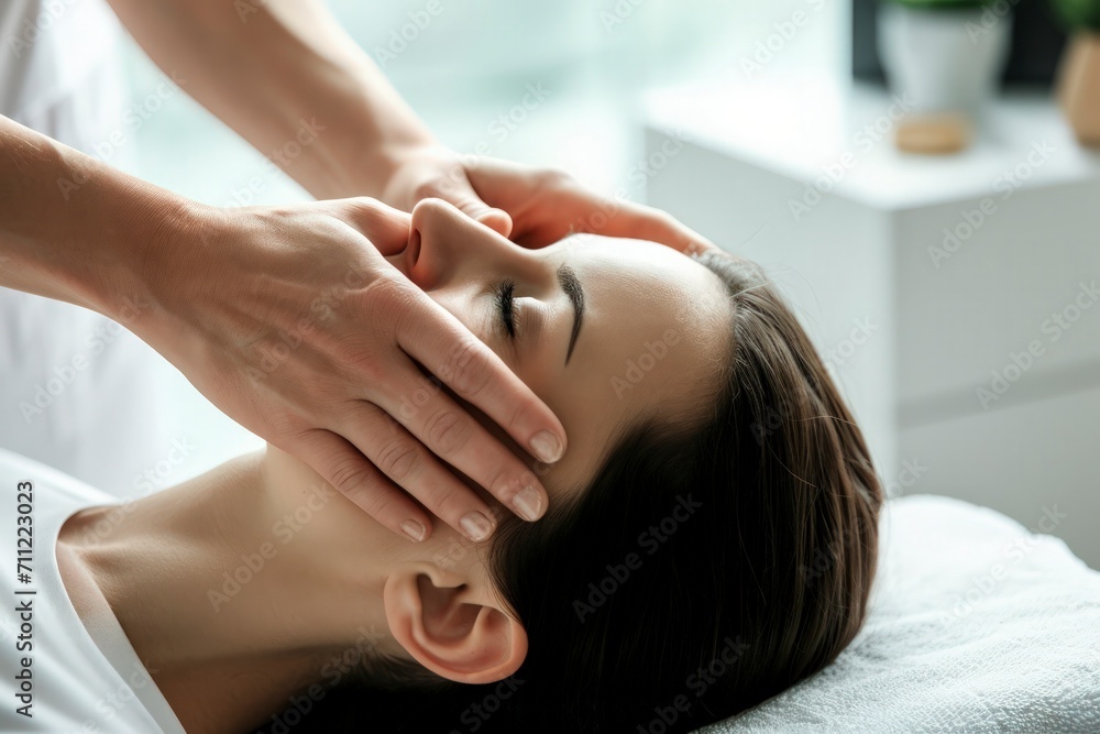 physiotherapist or chiropractor conducting cranial sacral therapy on a woman patient, therapeutic process. physiotherapist or chiropractor conducting cranial sacral therapy on a woman patient, therapeutic process.