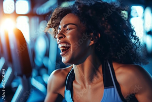 uplifting and motivational scene capturing the joy and dedication of a happy and fit woman in the gym, radiating positivity, healthy lifestyle. photo