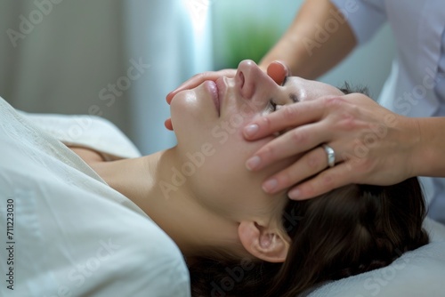 physiotherapist or chiropractor conducting cranial sacral therapy on a woman patient  therapeutic process.