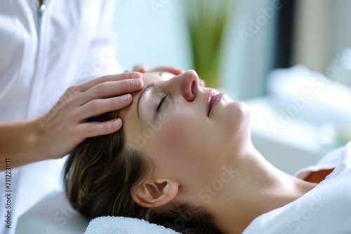 physiotherapist or chiropractor conducting cranial sacral therapy on a woman patient, therapeutic process.