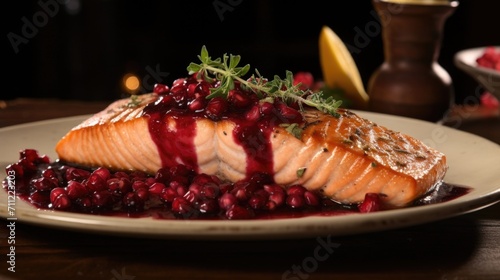 Nestled beside a perfectly grilled salmon fillet, a dollop of cranberry relish adds a burst of color to the dish. The relishs tangy sweetness gracefully s through the richness of the fish,