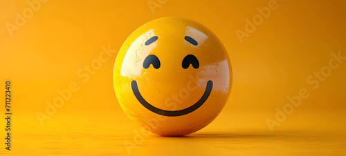 3d smiling emoticon or Smiley yellow ball emoji on yellow background. mental health assessment , world mental health day concept. empty space for text, copy space. © Almultazam