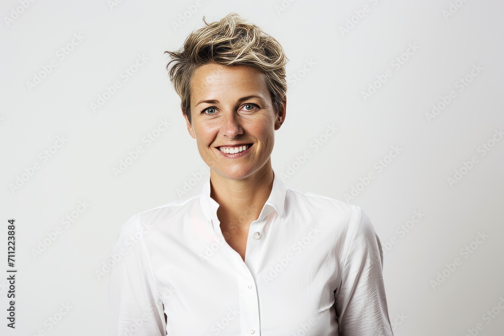 Portrait of a smiling business woman looking at camera over gray background Portrait of a smiling business woman looking at camera over gray background
