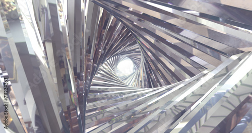 Abstract metallic shiny silver chrome polyhedral tunnel frame made of lines of hexagonal edges  mechanical high-tech tunnel futuristic  abstract background