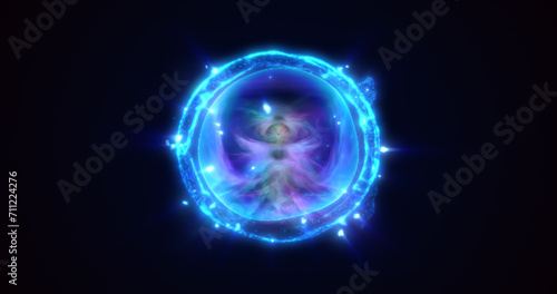 Energy blue glowing cosmic magic sphere, futuristic round high-tech ball bright atom made of electricity, background