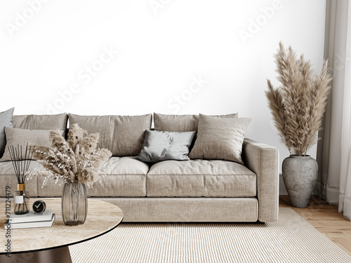 Free PNG wallpaper mockup in living room interior with sofa, isolated on transparent background, 3d render, 3D illustration