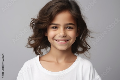 Portrait of a smiling little girl with long curly hair over grey background