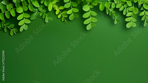 Green Moringa oleifera leaves or daun kelor/kelor leaf pattern on green background with copy space. Flat lay view.	 photo