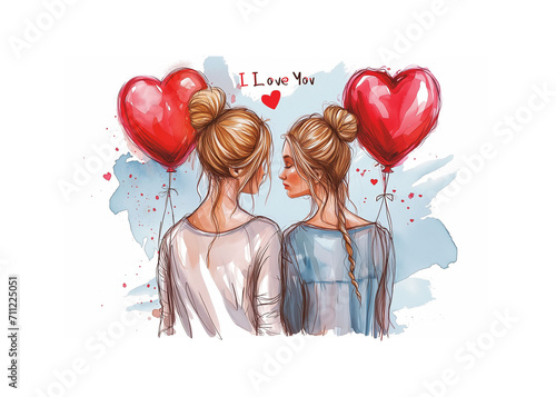 Saint Valentin - 2 femmes homosexuelles, lesbiennes qui portent chacune un ballon baudruche rouge en forme de coeur avec le texte en anglais 