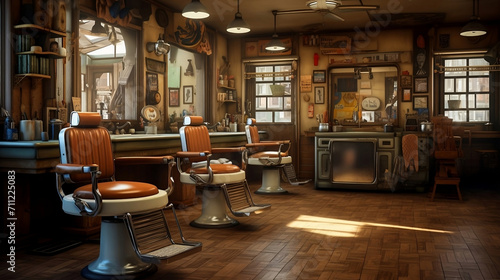 Vintage Barbershop Interior with Classic Chairs - Perfect for Business Websites, Interior Design Concepts, and Nostalgic Craftsmanship Themes © Jose