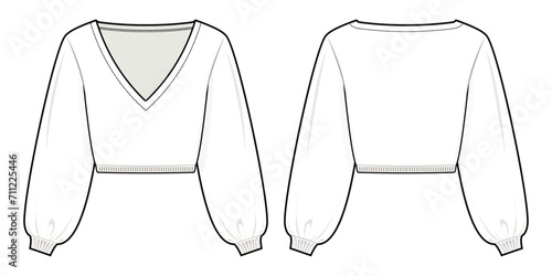 Sweater technical fashion illustration. Sweater vector template illustration. front and back view. oversized. drop shoulder. winter tops. ladies. white color. CAD mockup.