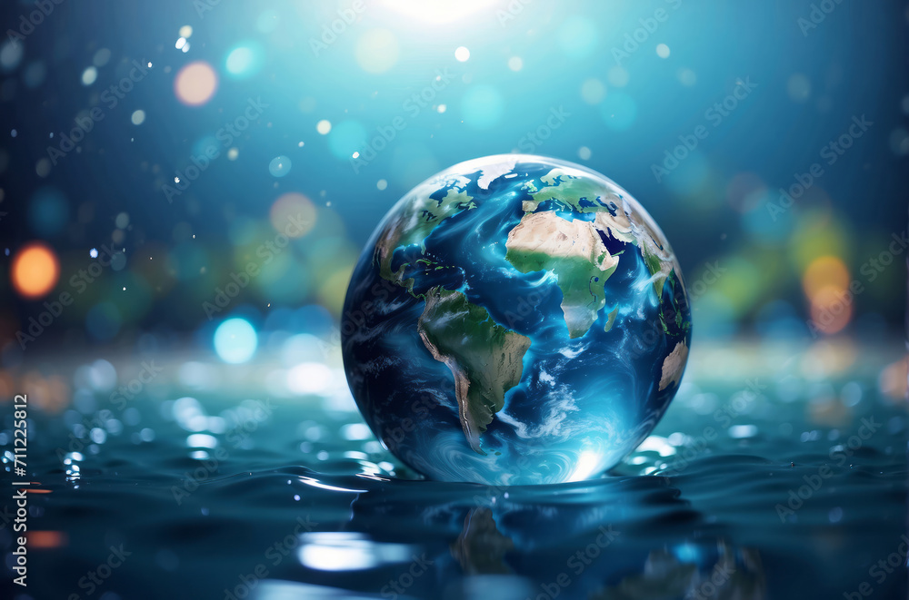 earth in water with bright blue bokeh background, World Water Day banner concept