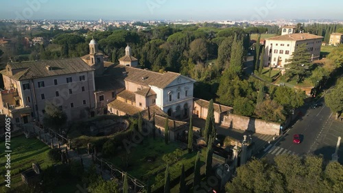 Drone Flies Away from Catacombs of San Sebastian, Rome, Italy photo