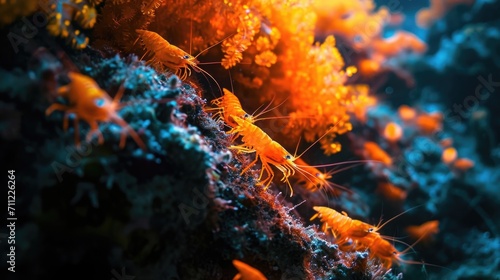 A group of shrimp with bioluminescent bodies scurry around a patch of neon orange coral creating a neon extravaganza in the depths of the sea photo
