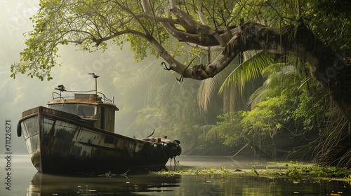 old abandoned river boat on the lake deep in the jungle photo