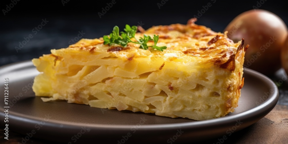 A side view of a slice of potato kugel, showcasing the distinct thin layers of perfectly seasoned potatoes, baked to a golden perfection. A side view of a slice of potato kugel, showcasing the distinct thin layers of perfectly seasoned potatoes, baked to a golden perfection.