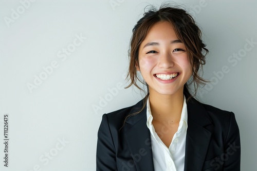 笑顔の日本人の女性ビジネスマンのポートレート写真（白背景・サラリーマン・スーツ・若手・新人・新入社員）