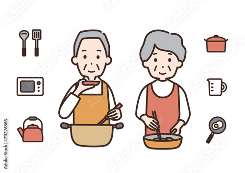 料理をするシニア男女のイラスト
