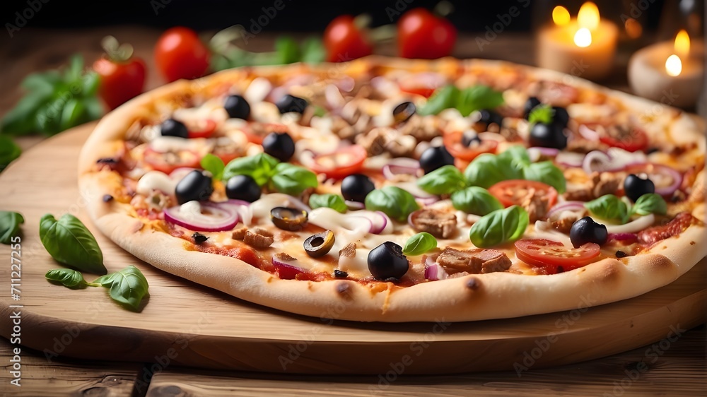 pizza on a board,Tasty freshly made pizza presented on a wooden table. pizza on a board,Tasty freshly made pizza presented on a wooden table.