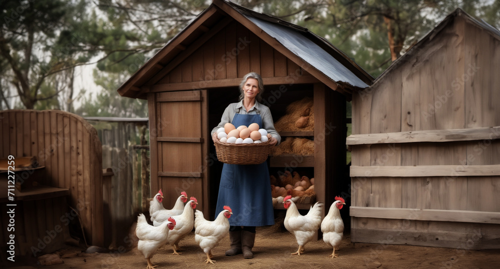 woman farmer with a basket of chicken eggs on a farm near a chicken coop with chickens in the village.