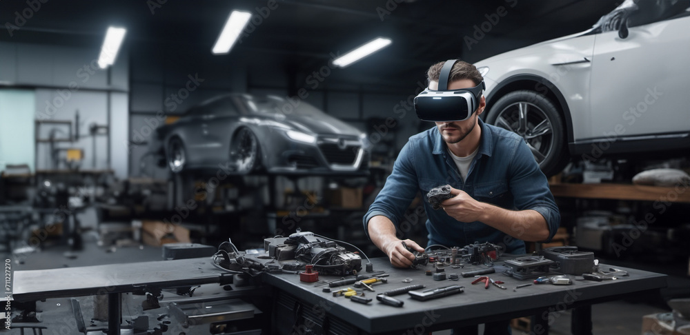 male auto mechanic repairs a car in a car service garage wearing VR glasses, augmented reality in the industry. male auto mechanic repairs a car in a car service garage wearing VR glasses, augmented reality in the industry.