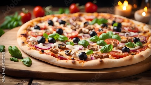 pizza on a board,Tasty freshly made pizza presented on a wooden table.