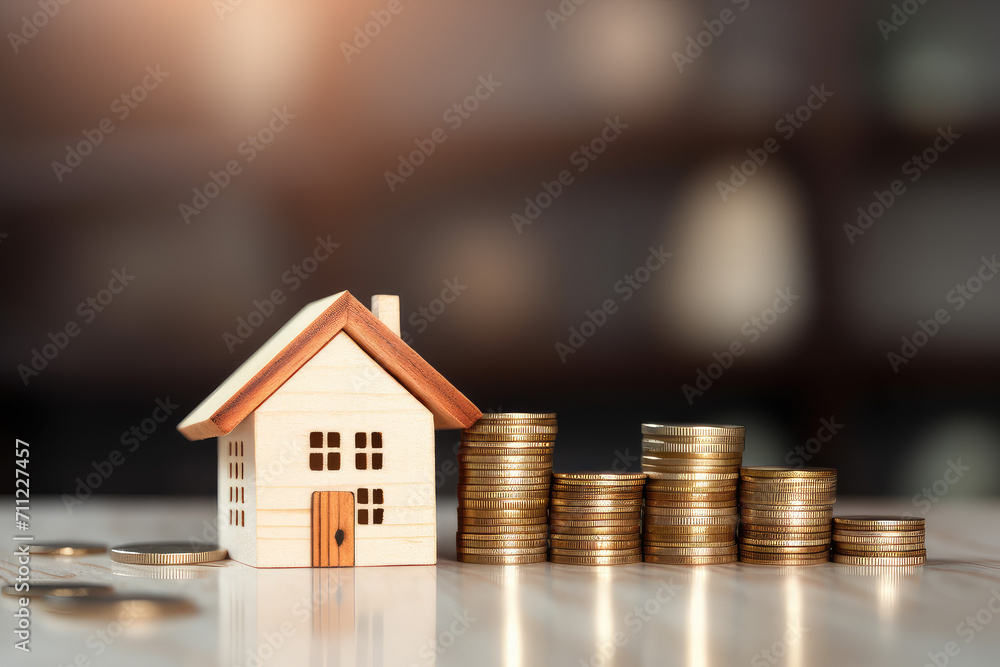 Illustrating the home buying process, a small house atop money coins, representing financial planning and investment in real estate. Illustrating the home buying process, a small house atop money coins, representing financial planning and investment in real estate.