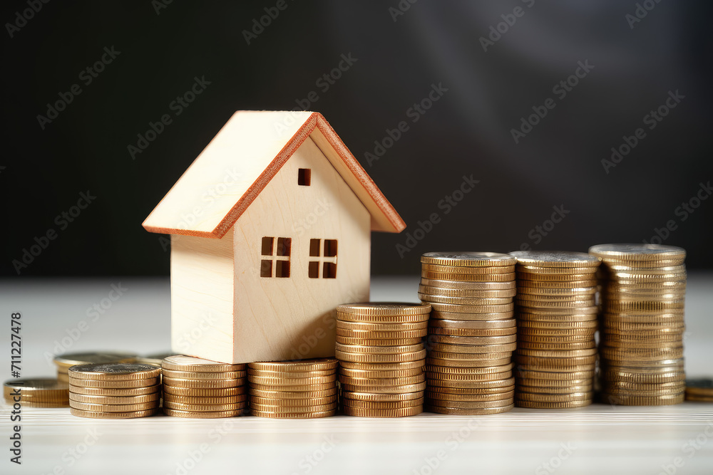 Illustrating the home buying process, a small house atop money coins, representing financial planning and investment in real estate. Illustrating the home buying process, a small house atop money coins, representing financial planning and investment in real estate.