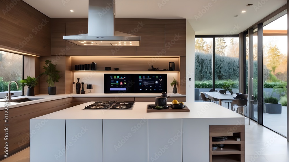 modern kitchen interior with kitchen,,Control panel for smart home in contemporary modern kitchen interior with kitchen,,Control panel for smart home in contemporary