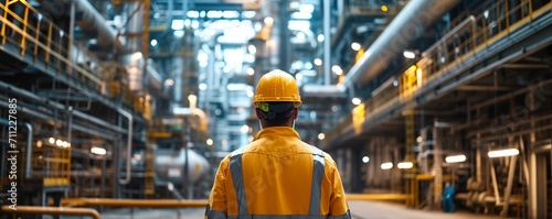 Explore the oil and gas industrial scene as a worker in safety attire exemplifies the synergy of technology, safety, environment, and industrial work concepts. Generative Ai